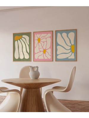 Pam Studio Renkli Modern Çiçek Poster Seti – 3’lü Minimalist Ahşap Çerçeveli Soyut Duvar Dekorasyonu