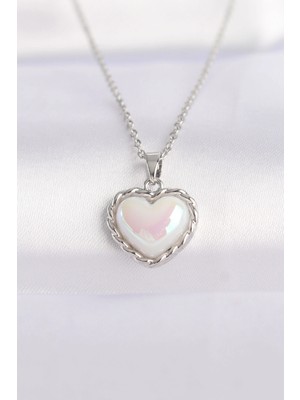 Mercansa 316L Çelik Zincir Gümüş Renk Beyaz Taşlı Bombeli Kalp Kolye