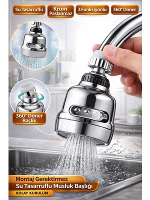 TE Dükkan Krom 3 Fonksiyonlu 360° Döner Su Tasarruflu Musluk Başlığı Sıçrama Önleyici Batarya Ucu