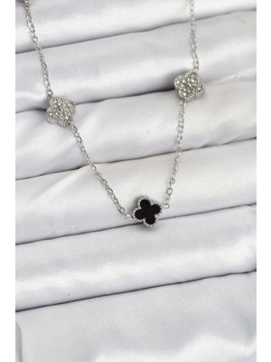 TE Dükkan 316L Çelik Zincir Gümüş Renk Siyah ve Zirkon Taşlı Baby Boy Yonca Kadın Kolye