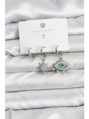 TE Dükkan Göz Model Gümüş Renk Pirinç 3'lü Kadın Küpe Seti