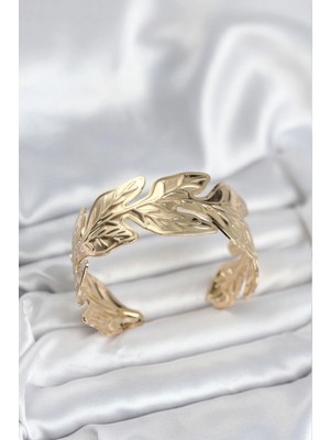 TE Dükkan Gold Renk Pirinç Levha Yaprak Model Kadın Bileklik