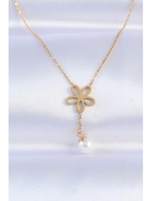 Mercansa 316L Çelik Zincir Gold Renk Inci Detay Çiçek Kolye