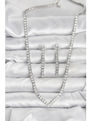 BYZM Gümüş Renk Zirkon Taşlı Kadın Kolye Küpe Seti