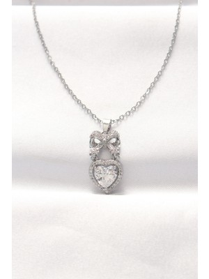 Mercansa 316L Çelik Silver Renk Zirkon Taşlı Kalpli Fiyonk Kolye