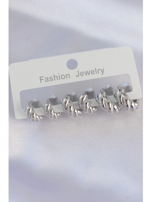 Mercansa Pirinç Gümüş Renk Minimal Tırtıklı Küpe Seti