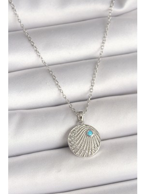 TE Dükkan 316L Çelik Gümüş Renk Zincir Zirkon Taşlı Mavi Taş Detaylı Madalyon Model Kadın Kolye
