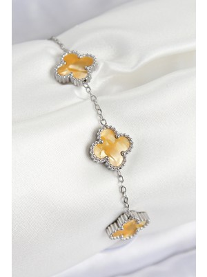 Nehir 316L Çelik Sedefli Kehribar Sarı Gümüş Renk Yonca Kadın Bileklik