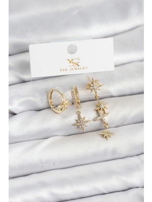 BYZM Pirinç Gold Renk Zirkon Taşlı Kutup Yıldızı Model Ysx Trio Küpe Seti