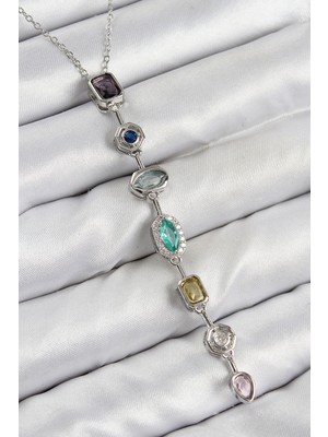Nehir Pirinç Renkli Zirkon Taşlı Model Gümüş Renk 7 Element Kadın Y Kolye