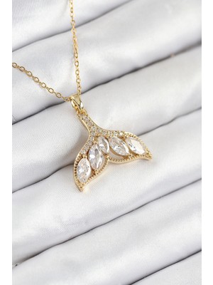 Mercansa 316L Çelik Zirkon Taşlı Balık Kuyruğu Model Gold Renk Kadın Kolye