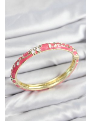 Nehir Mineli Pirinç Zirkon Taşlı Pembe Çiçek Motifli Gold Kadın Kelepçe