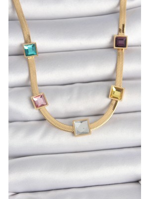 TE Dükkan 316L Çelik Gold Renk Italyan Zincir Model Kare Renkli Zirkon Taşlı Kadın Kolye