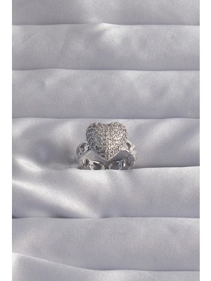 Mercansa Pirinç Ayarlamalı Gümüş Renk Zirkon Taşlı Bombeli Kalp Yüzük