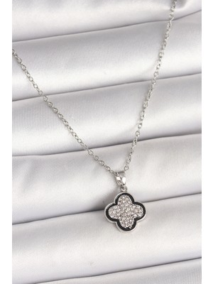 Mercansa 316L Çelik Gümüş Renk Zincir Zirkon Taşlı Yonca Model Kadın Kolye