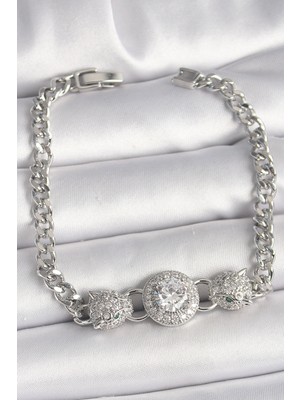 Mercansa Pirinç Gümüş Renk Zirkon Taşlı Leopar Figür Zincir Model Kadın Bileklik