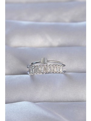 Mercansa Pirinç Gümüş Renk Zirkon Taşlı Baget Su Yolu Model Ayarlanabilir Yüzük