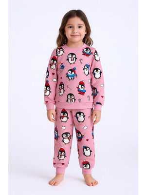 Kız Çocuk Pamuklu Pembe Renk Iki Iplik Şardonlu Penguen Desenli Pijama Takımı