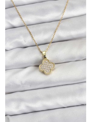 TE Dükkan 316L Çelik Zincir Gold Renk Zirkon Taşlı Yonca Model Kadın Kolye