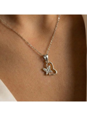 Baleno Concept 925 Ayar Gümüş Zarif Kalpli Kelebek Kolye Taş Detaylı - Sevgililer Günü Hediyesi