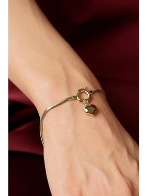 Fiyonk Kuyumculuk 14 Ayar Altın Kalp Detaylı Italyan Balıksırtı  Bileklik