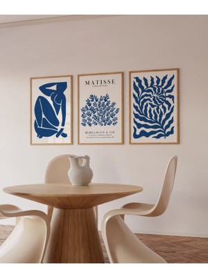 Pam Studio Modern Matisse Tarzı Mavi Minimalist Üçlü Ahşap Tablo Seti - Dekoratif Duvar Sanatı
