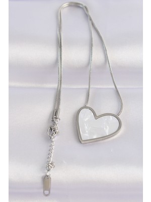 İlk El Grup 316L Çelik Zincir Gümüş Renk Mermer Desenli Kalp Kolye