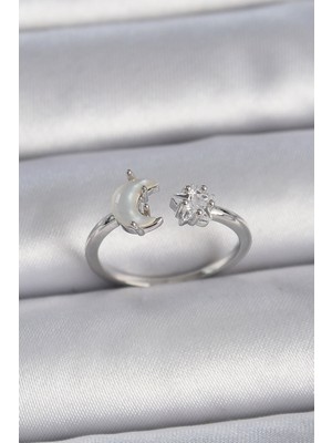 İlk El Grup Pirinç Gümüş Renk Incili Hilal Zirkon Taşlı Yıldız Ayarlanabilir Kadın Yüzük