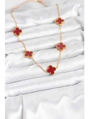 İlk El Grup 316L Çelik Gold Renk Zincir Bordo Yonca Kadın Kolye