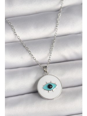 İlk El Grup 316L Çelik Gümüş Renk Zincir Beyaz Mineli Turkuaz Göz Işleme Model Kadın Kolye