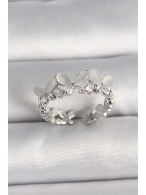 İlk El Grup Pirinç Gümüş Renk Zirkon Taşlı Beyaz Mineli Kelebek Model Ayarlanabilir Yüzük