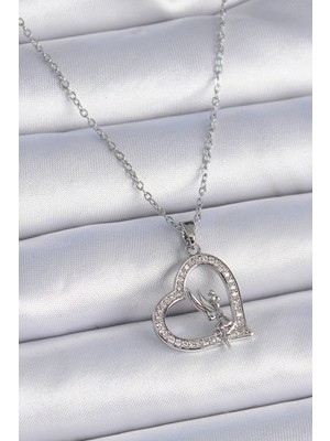 İlk El Grup 316L Çelik Zincir Gümüş Renk Zirkon Taşlı Kalp Model Melek Detay Kadın Kolye