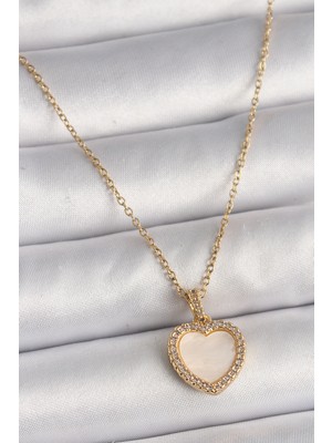 İlk El Grup 316L Çelik Gold Renk Zincir Zirkon Taşlı Beyaz Mineli Kalp Model Kadın Kolye