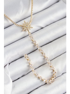 İlk El Grup Pirinç Zirkon Taşlı Kutup Yıldızı Model Gümüş Renk Y Kolye