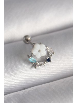 İlk El Grup 316L Çelik Gümüş Renk Zirkon Taş Detay Beyaz Çiçek Model Tragus Piercing