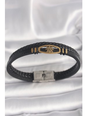 İlk El Grup 316L Çelik Gold Renk Gemi Dümen Figür Siyah Renk Çift Sıra Burgu Desenli Deri Kordon Erkek Bile