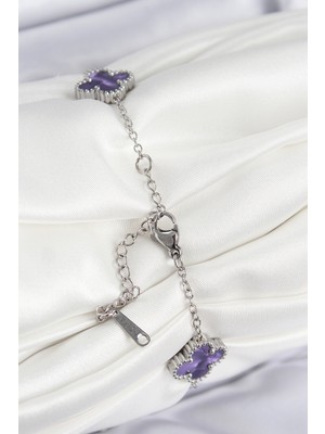 İlk El Grup 316L Çelik Sedefli Mor Gümüş Renk Yonca Kadın Bileklik