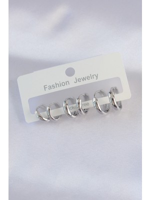 İlk El Grup Pirinç Gümüş Renk Oval Bombeli Küpe Seti