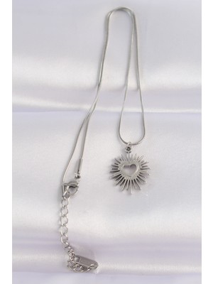 İlk El Grup 316L Çelik Zincir Gümüş Renk Kalp Güneşi Tasarımlı Kolye