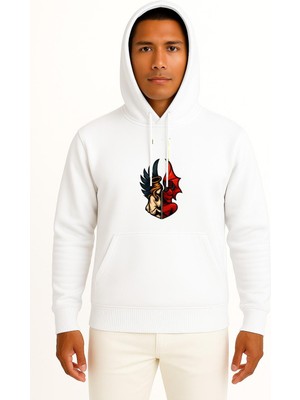 Bahriyeli Collection Kapüşonlu Melek ve Şeytan Göğüs Baskılı Unisex Sweatshirt