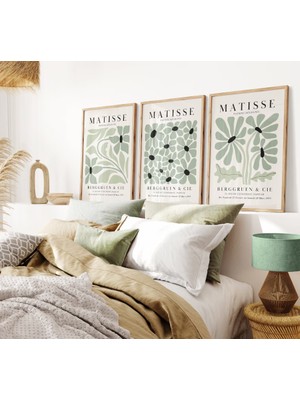 Pam Studio Henri Matisse Tarzı Yeşil Siyah Çiçekli 3’lü Tablo Seti – Modern Minimalist Duvar Dekoru