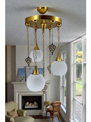 Özbak Avize Osmanlı Motifli 3’lü Gold Avize | Opak Camlı Sarkıt | Modern & Klasik Dekoratif Aydınlatma