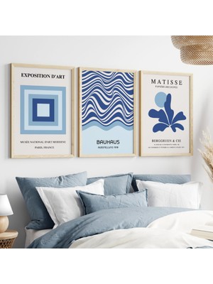 Pam Studio Mavi Tonlarda Bauhaus, Matisse ve Modern Sanat Poster Seti – 3’lü Ahşap Çerçeveli Duvar Tablosu