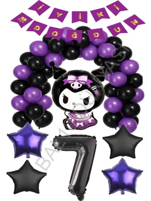 Bal10 Dünyası BAL10 Kuromi Iyiki Doğdun Yazılı Rakam Yıldız Folyo ve Latex Balon Seti Yaş-7