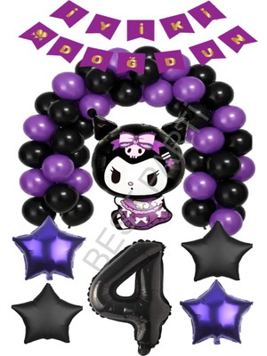 Best Parti Best Kuromi Iyiki Doğdun Yazılı Rakam Yıldız Folyo ve Latex Balon Seti Yaş-4