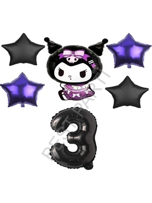 Best Parti Best Kuromi Rakam Mor-Siyah Yıldız Folyo Balon Seti Yaş-3