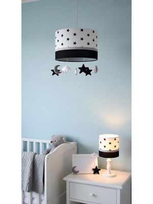 Leo Baby Room Siyah Yıldız Desenli Ay Bulut Yıldız Oyuncaklı Avize Abajur Çerçeve Tasarım Set