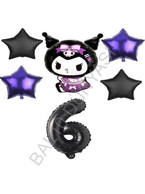 Bal10 Dünyası BAL10 Kuromi Rakam Mor-Siyah Yıldız Folyo Balon Seti Yaş-6