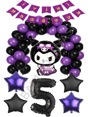 Bal10 Dünyası BAL10 Kuromi Iyiki Doğdun Yazılı Rakam Yıldız Folyo ve Latex Balon Seti Yaş-5