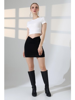 Lubiti Sandy Kumaş Içi Astarlı Ön Büzgülü Mini Etek/46 cm Boy